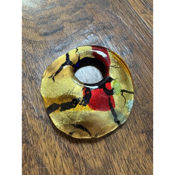 Blown Glass Circle Pendant Necklace Red Yellow ~2” - Picture 1 of 6